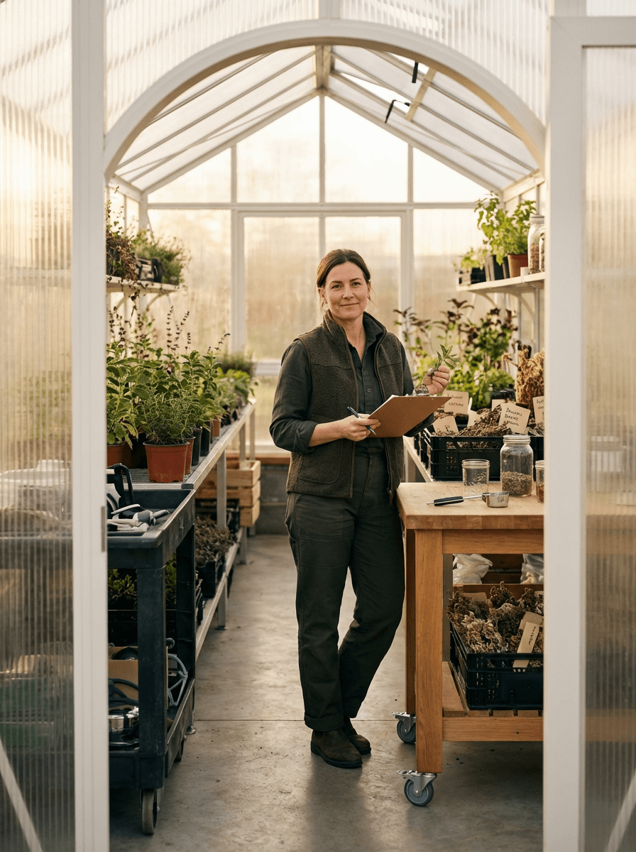 Botanist examining medicinal herbs in greenhouse nursery