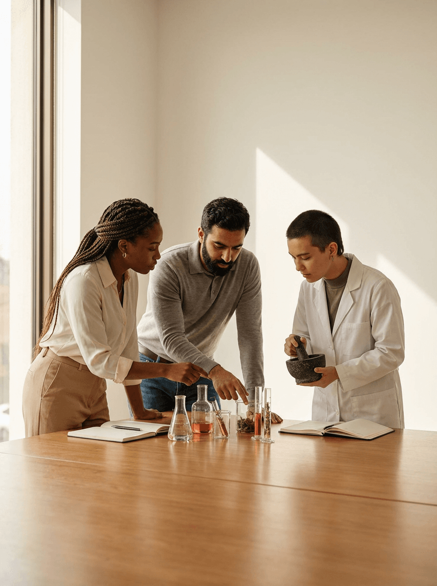 Researchers working in laboratory with herbal extracts and beakers