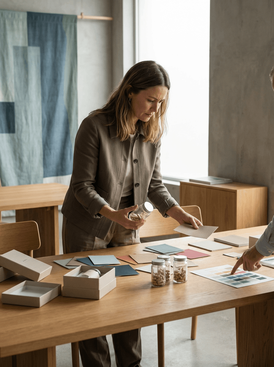 Designer inspecting organic ingredients and sustainable packaging