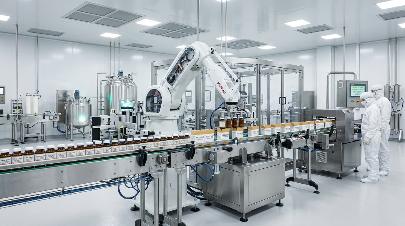 Automated robotic pharmaceutical packaging line